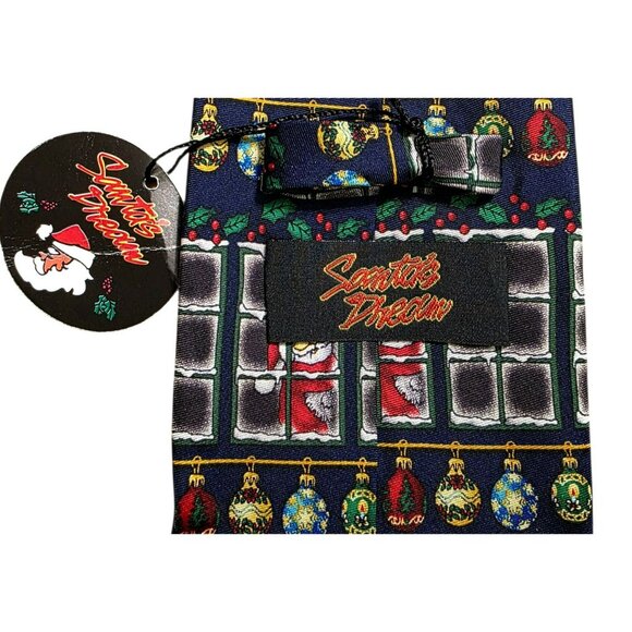 New Santas Dream Silk Christmas Neck Tie Santa Window Ornament Holly Holiday VTG - Picture 3 of 6